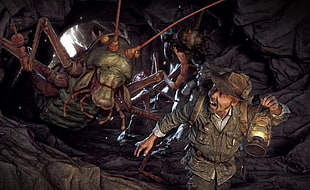man running from giant grasshopper illustration, artwork, creature