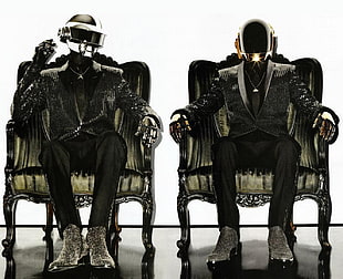 two men's gray suits, Daft Punk, throne, men