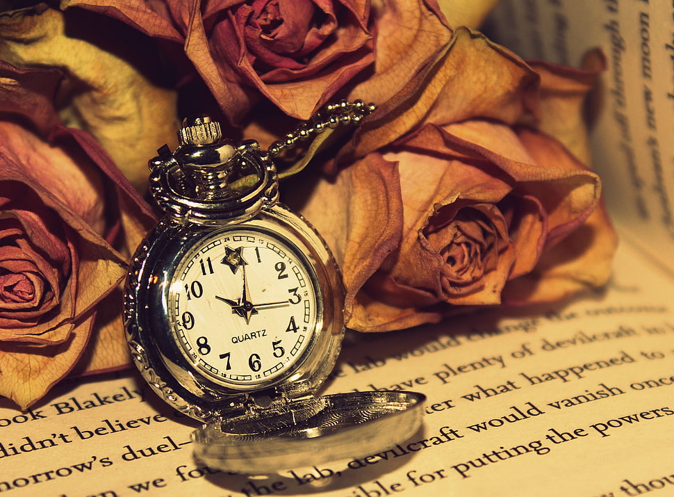 round silver-colored pocket watch at 10:15 HD wallpaper