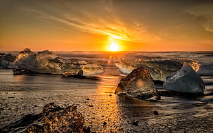 photo of ice during sunset on seashore HD wallpaper