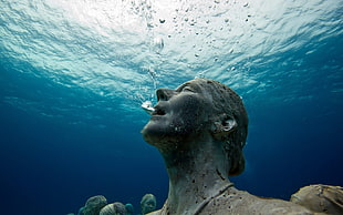 underwater concrete statue, statue HD wallpaper