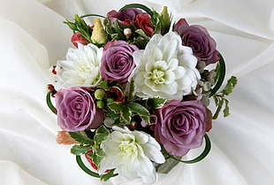 white and purple Roses and Dahlia flowers buquet
