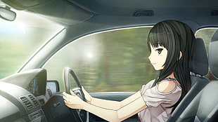 female anime character driving a car