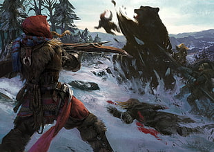 person with crossbow fighting bear game wallpaper, fantasy art, bears, winter, crossbows HD wallpaper