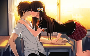 woman kissing a guy anime character