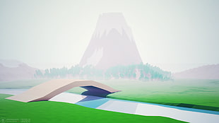 brown mountain and river illustration, low poly, isometric, house, mountains