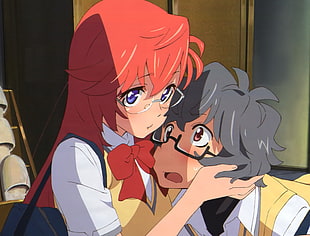red hair girl touching boy face while wearing eyeglasses HD wallpaper
