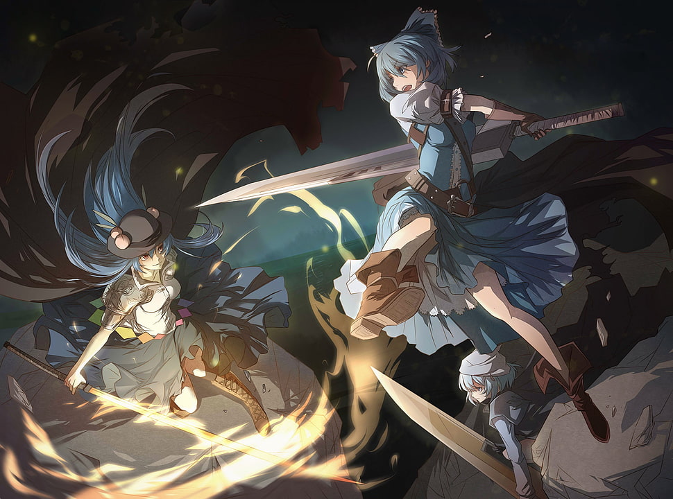 two female anime characters wearing white-and-gray dresses holding sword, anime, Touhou, Hinanawi Tenshi , Cirno HD wallpaper
