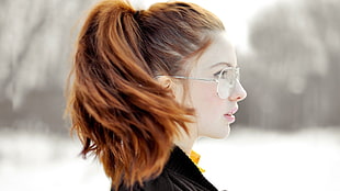 women's silver framed eyeglasses and black top, redhead, glasses, profile, face