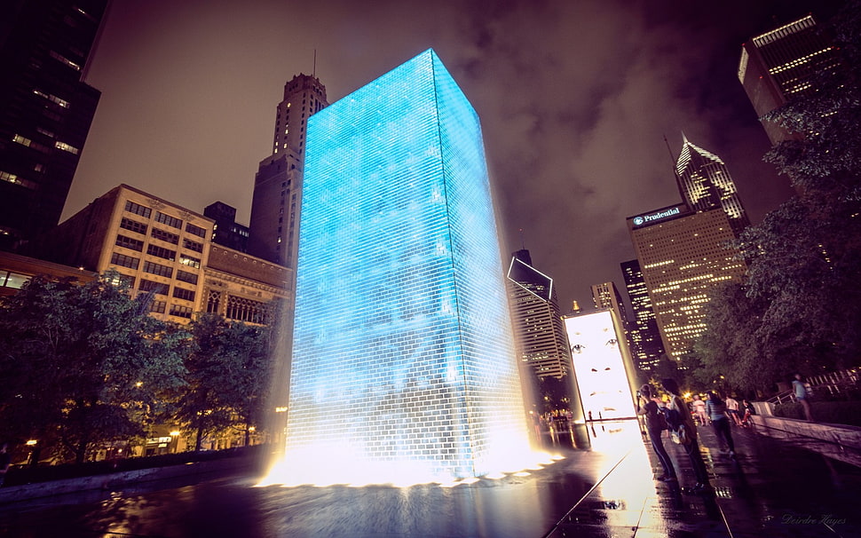 white and blue high-rise building, Chicago, fountain, glowing, building HD wallpaper