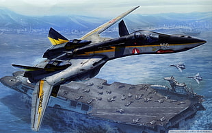 black and gray jet plane, warplanes, artwork, military aircraft, ship HD wallpaper