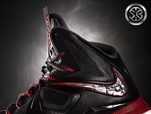 black and red Nike LeBron basketball shoe, shoes