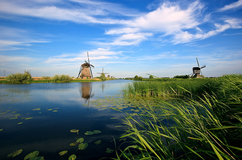 brown watermill surrounded with lake and green grass under blue and white cloudy sky HD wallpaper