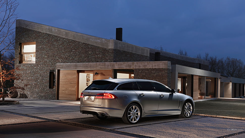 silver station wagon, Jaguar XF, Jaguar, house, car HD wallpaper