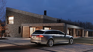 silver station wagon, Jaguar XF, Jaguar, house, car