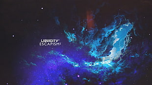 blue and purple galaxy with Liquicity Escapism text overlay, Liquicity, space, sky, colorful
