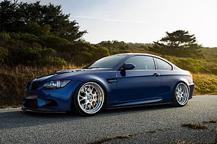 blue coupe on the road in the middle of the trees during day time