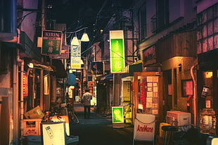 man in white shirt, Japan, night, town, city