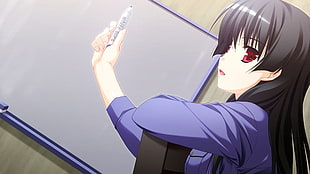 gray hair, red eye female anime character wearing blue long-sleeved top holding marker near dry erase board
