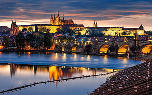 brown bridge, cityscape, Prague, arch, building
