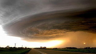 gray cloudy sky under concrete road nature photography, storm, road, clouds