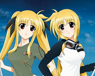 two yellow haired female anime characters illustration