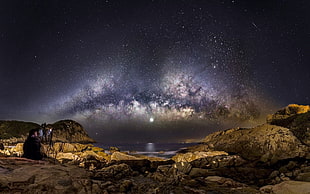 rock cliffs under milky way galaxy, nature, landscape, Milky Way, galaxy HD wallpaper