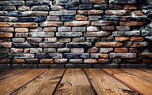 black wooden plank and gray block wall HD wallpaper