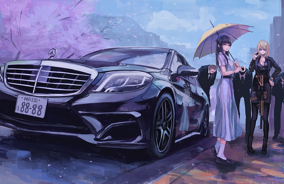 two female cartoon characters illustration, gun, anime, Mercedes-Benz, koh HD wallpaper