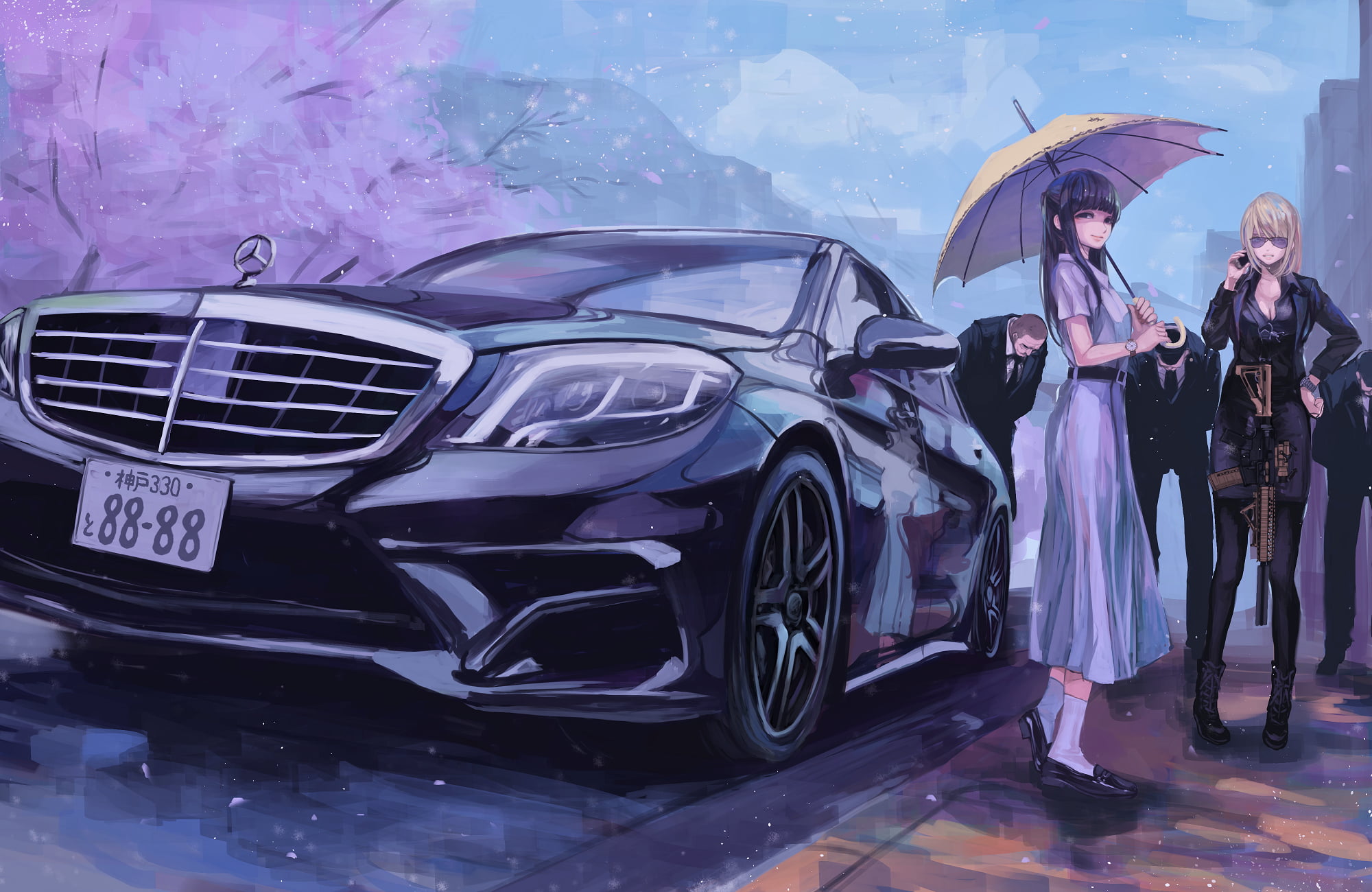 two female cartoon characters illustration, gun, anime, Mercedes-Benz, koh