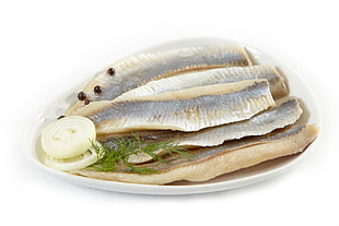slice cooked sardines with white onion slice HD wallpaper