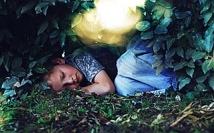 woman wearing blue dress sleeping on green leaves plant