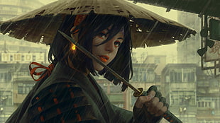 girl holding tanto blade anime character digital wallpaper