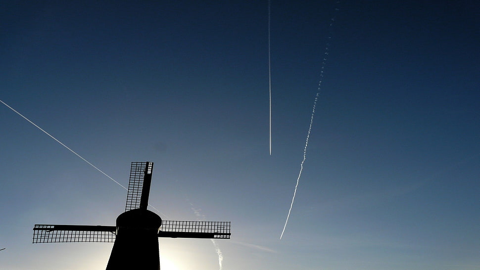 black and white floor lamp, windmill, sky HD wallpaper