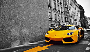 yellow Lamborghini Gallardo, selective coloring, Lamborghini, car, yellow cars