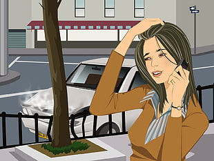 woman in brown jacket holding smartphone illustration