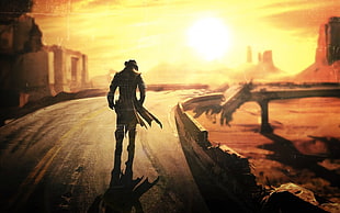 man in black hat walking on bridge poster HD wallpaper