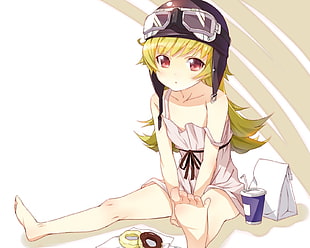 female anime character illustration, Monogatari Series, Oshino Shinobu, sitting, barefoot