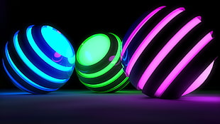 blue, green, and pink ball light fixtures