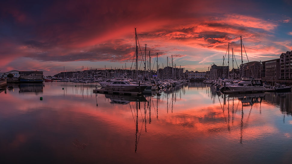 white fishing boats, sunset, beach, clouds HD wallpaper