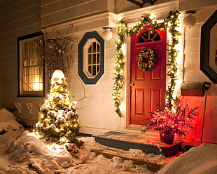 brown wooden door, winter, Christmas, snow, shovels