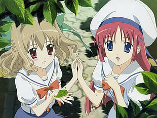two girl's wearing white uniform while holding hands anime character wallpaper