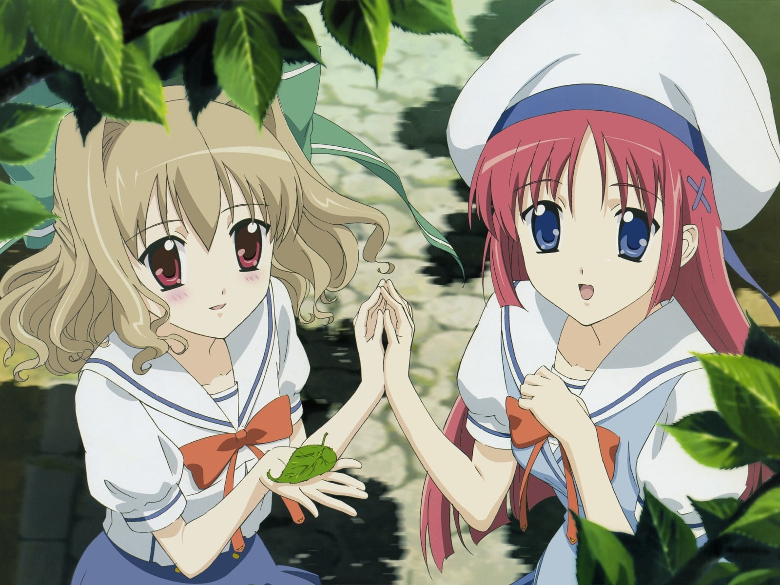 Two girl's wearing white uniform while holding hands anime character