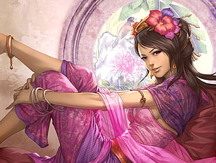 female anime character in pink dress HD wallpaper