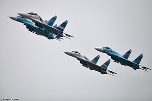 four white-and-blue fighter jets, Su-27, military aircraft