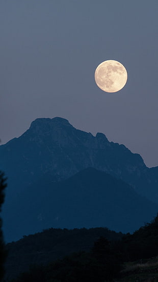 full moon, portrait display, nature, landscape, mountains HD wallpaper