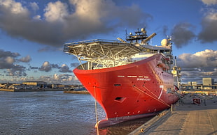 red and white cruise ship docked at pier HD wallpaper