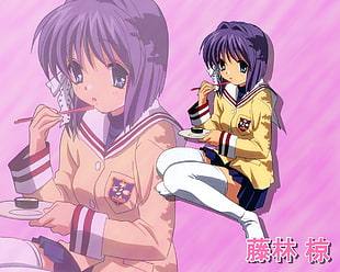 blue haired female Clannad anime character in school uniform