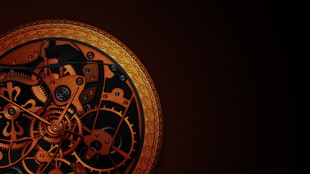 brown skeleton watch, artwork, clocks, clockwork, gears
