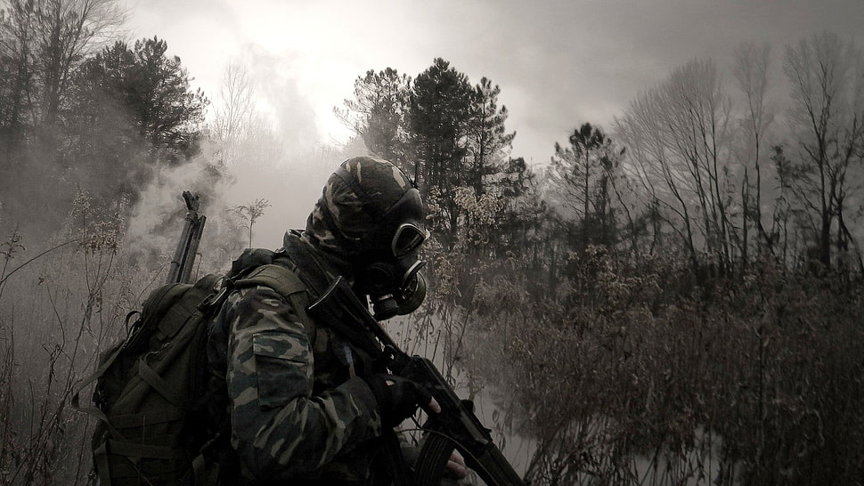 black assault rifle, gas masks, trees, military, apocalyptic HD wallpaper